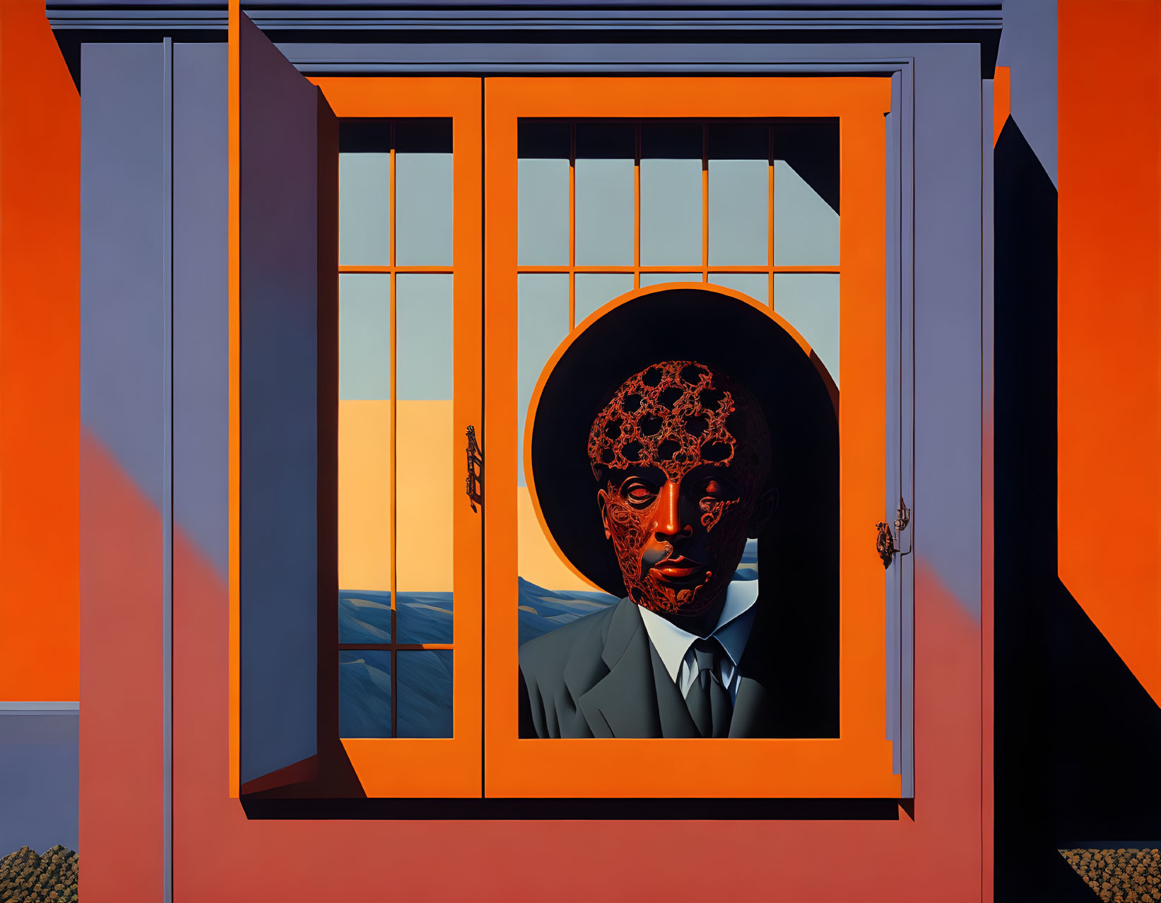 Surreal portrait with man's head as round objects on window painting