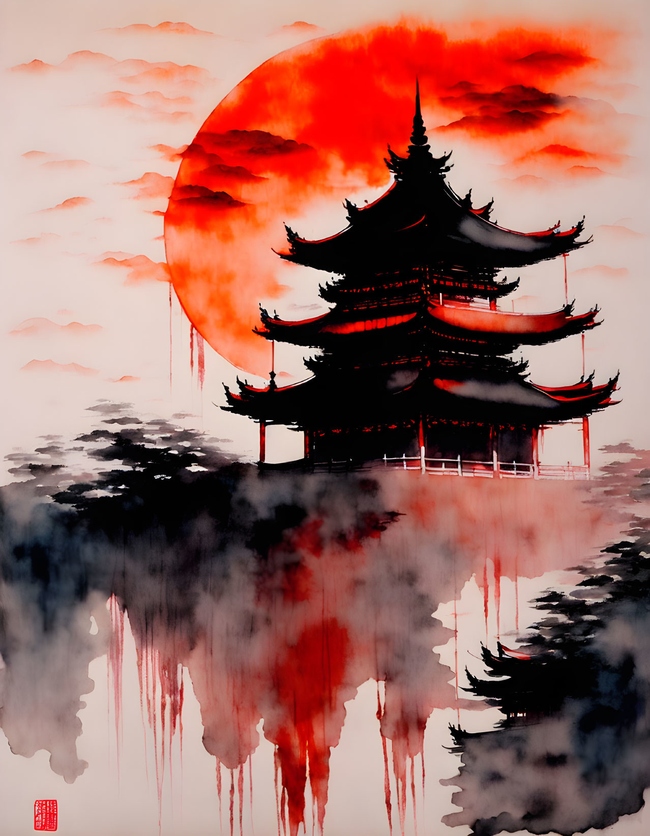 Japanese Pagoda Silhouette with Red Sun Reflection and Clouds