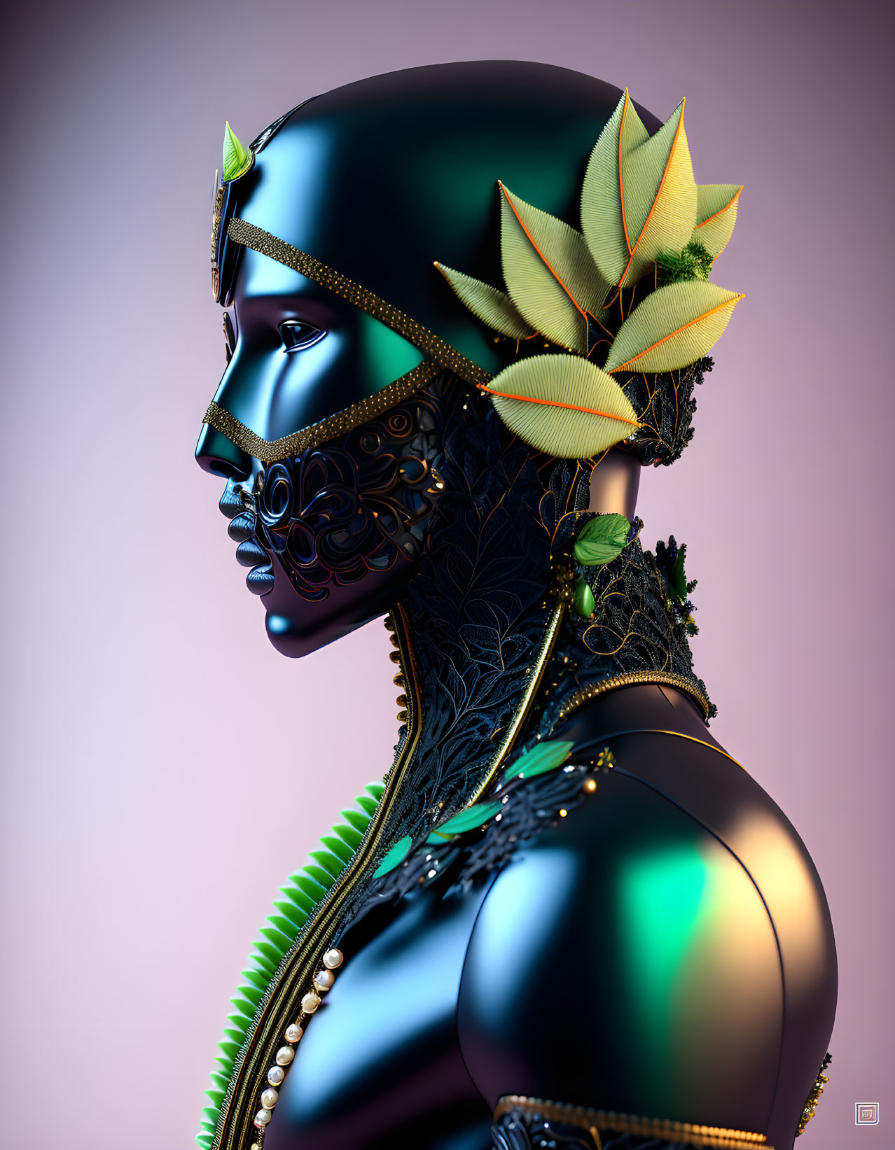 3D-rendered image of person with black metallic skin, gold filigree, leafy crown