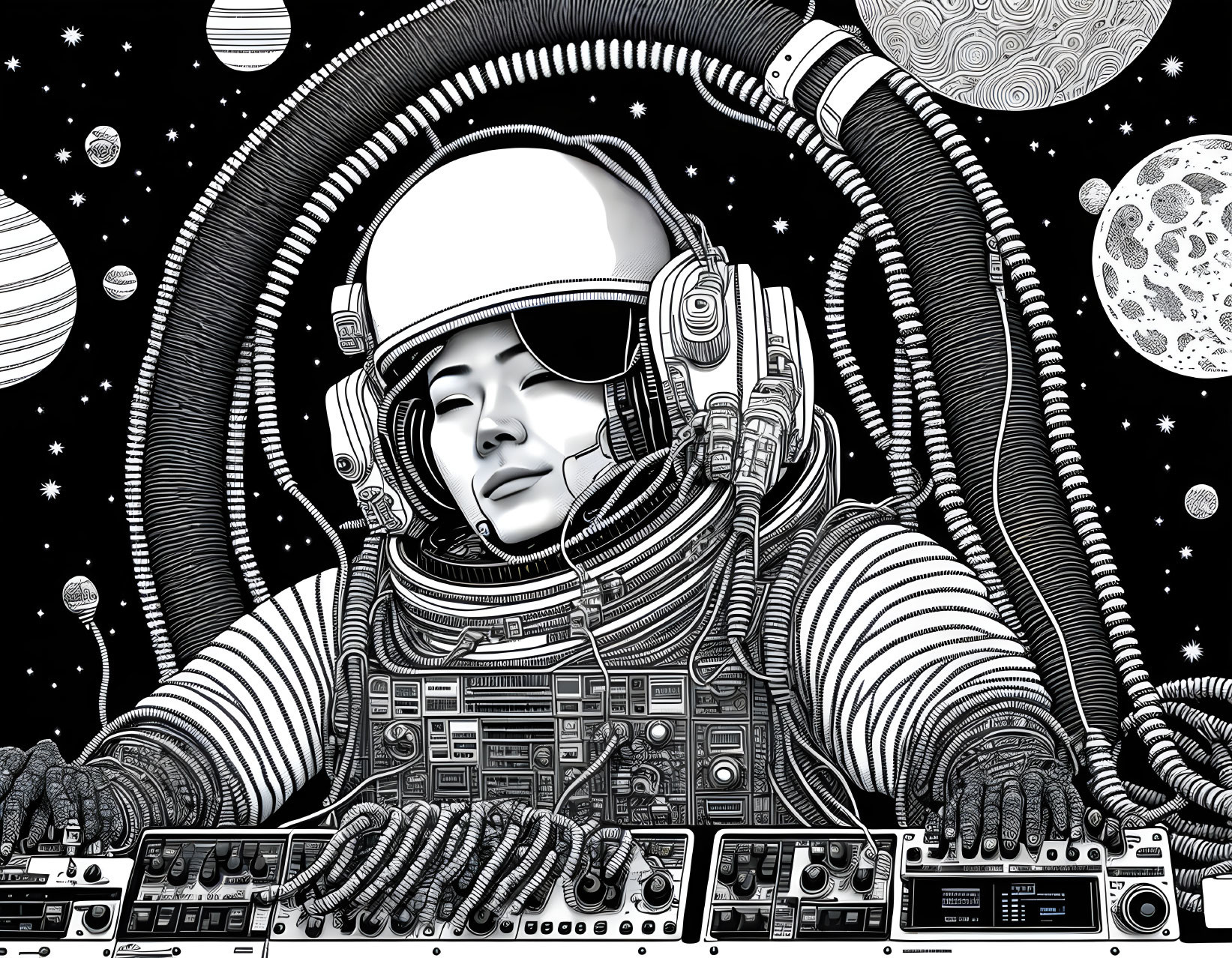 Detailed Spacesuit Astronaut Operating Control Panel in Cosmic Setting