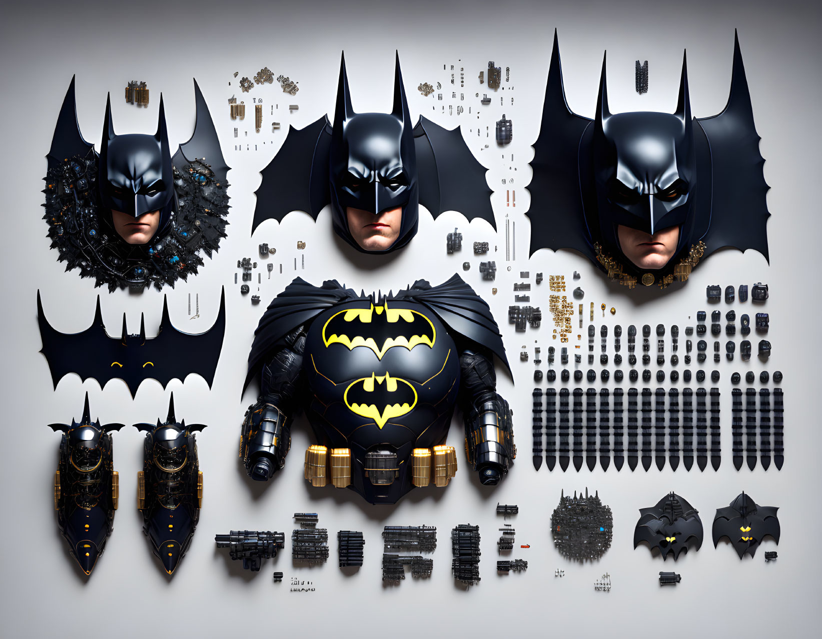 Three Batman Masks with Suits, Utility Belts, Gauntlets, Batarangs, and