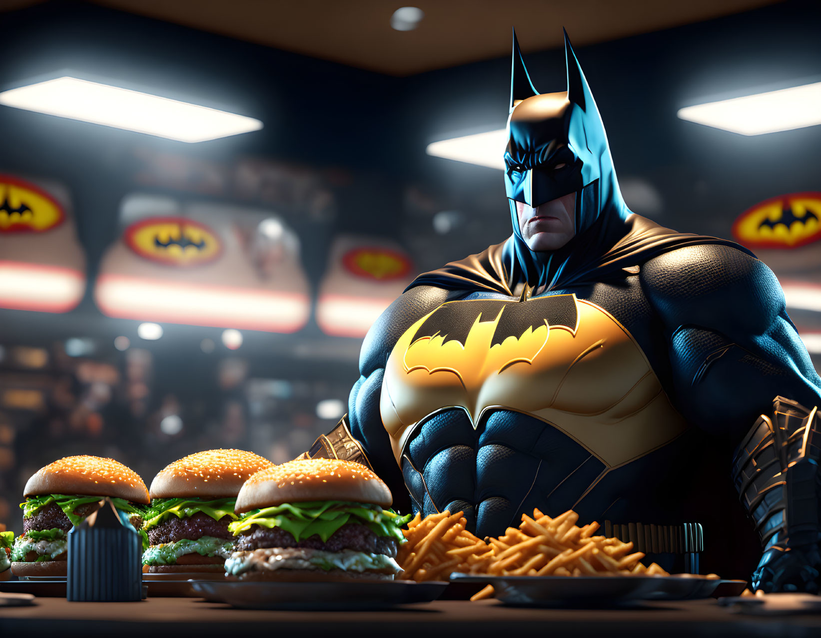 Batman themed fast food counter with neon bat-signs