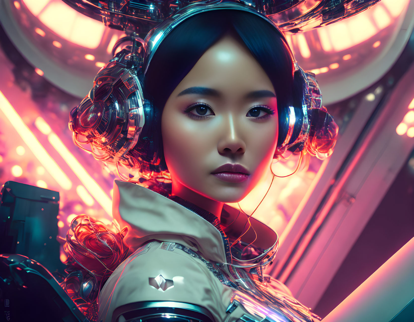 Futuristic woman in cybernetic suit with neon technology