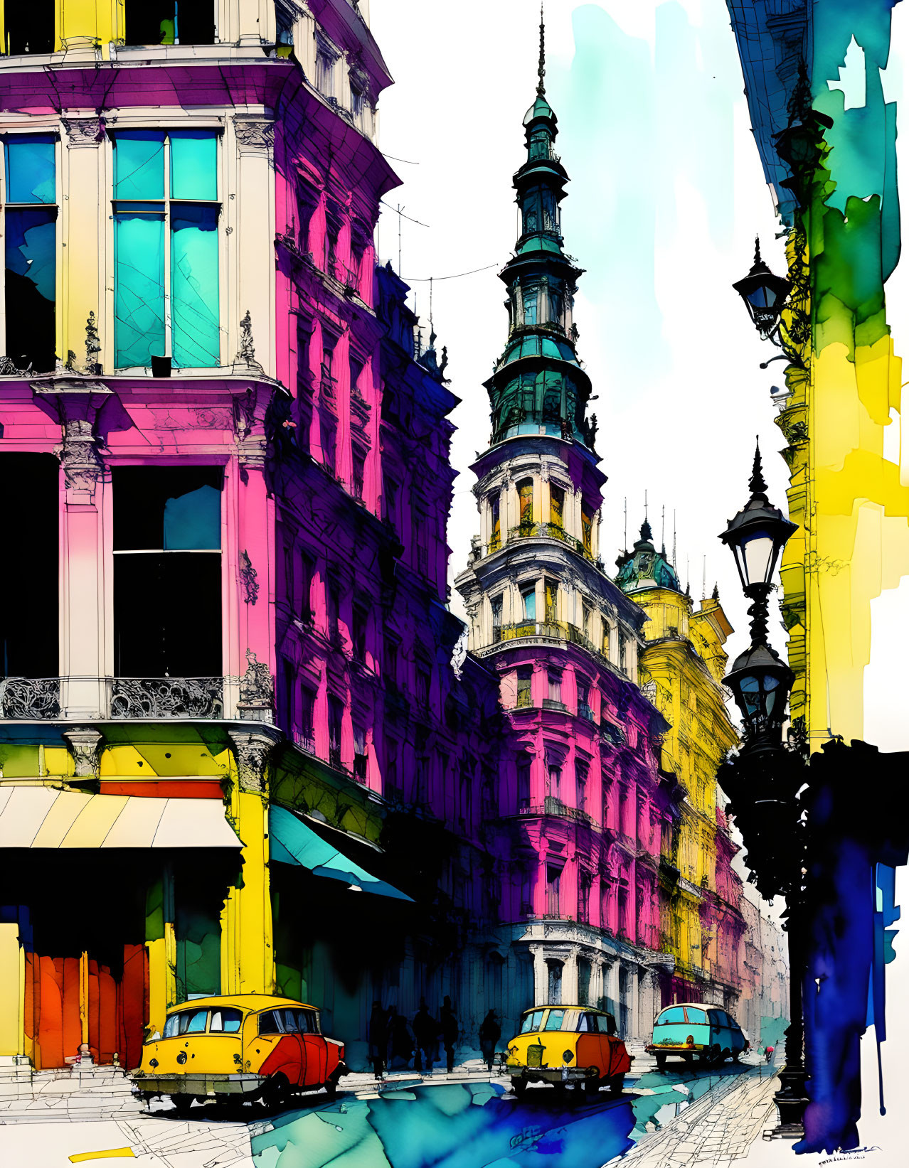 Colorful Urban Street Illustration with Classic Architecture and Tower