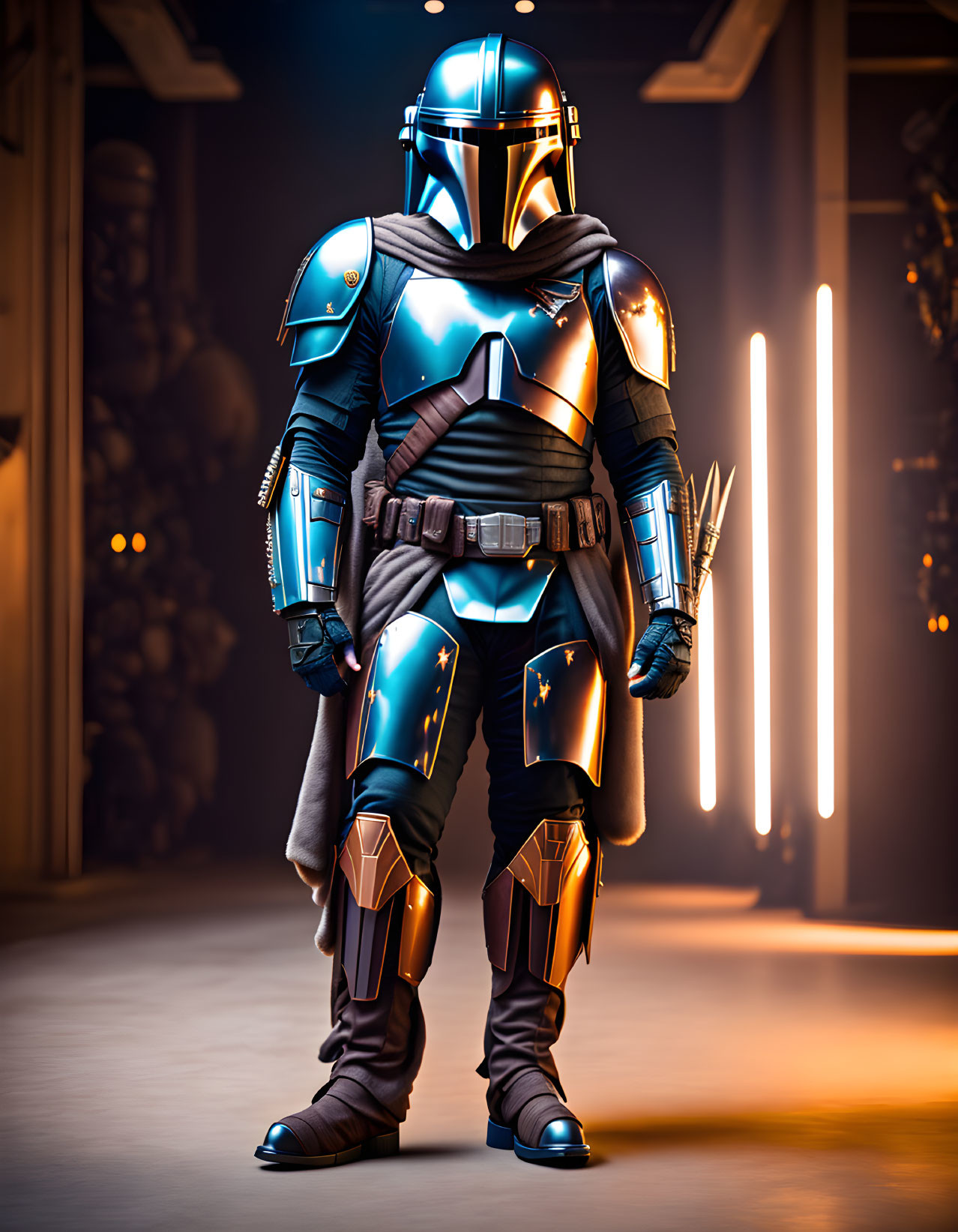 Futuristic armor character with reflective helmet in dimly lit room