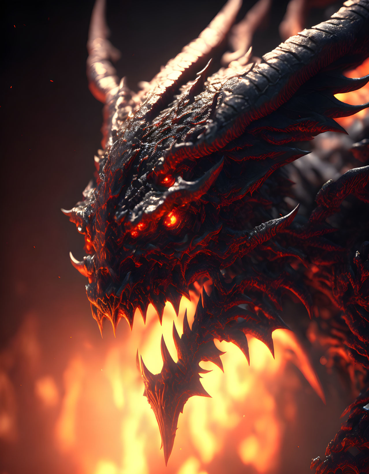 Fierce dragon with red eyes and sharp scales in fiery backdrop