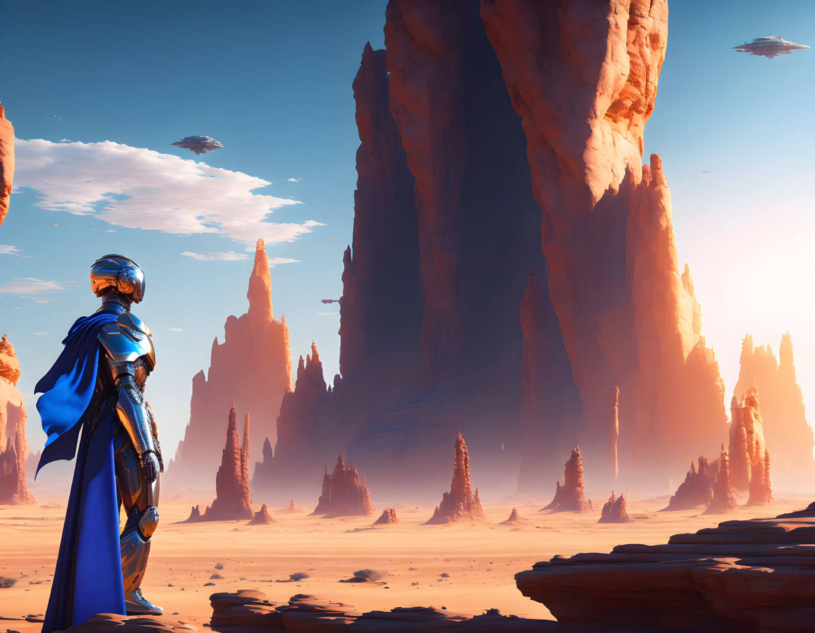 Figure in Blue Cloak Observing Red Desert Spires and Floating Islands