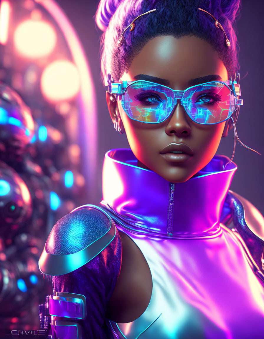 Futuristic woman portrait in vibrant purple and blue tones