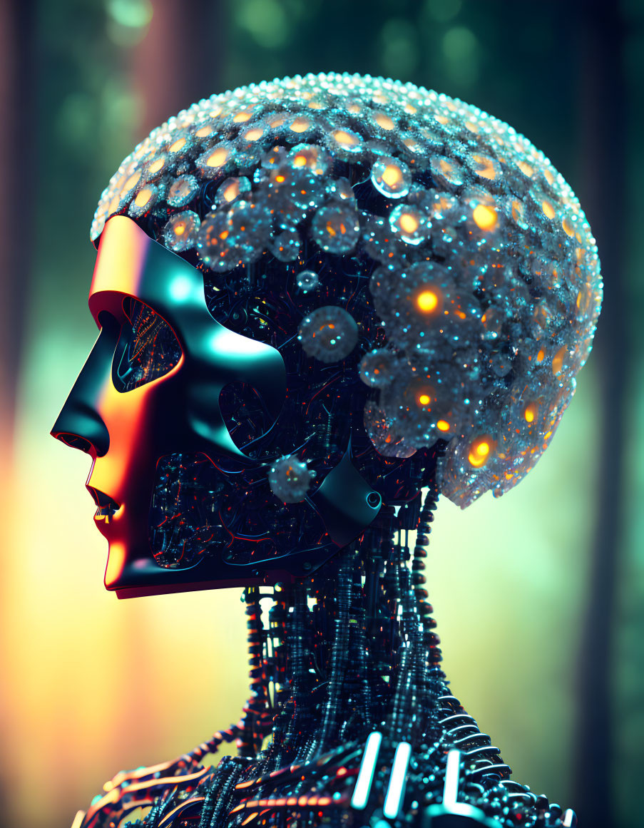 Futuristic robot head with sparkling spherical structure and glowing lights