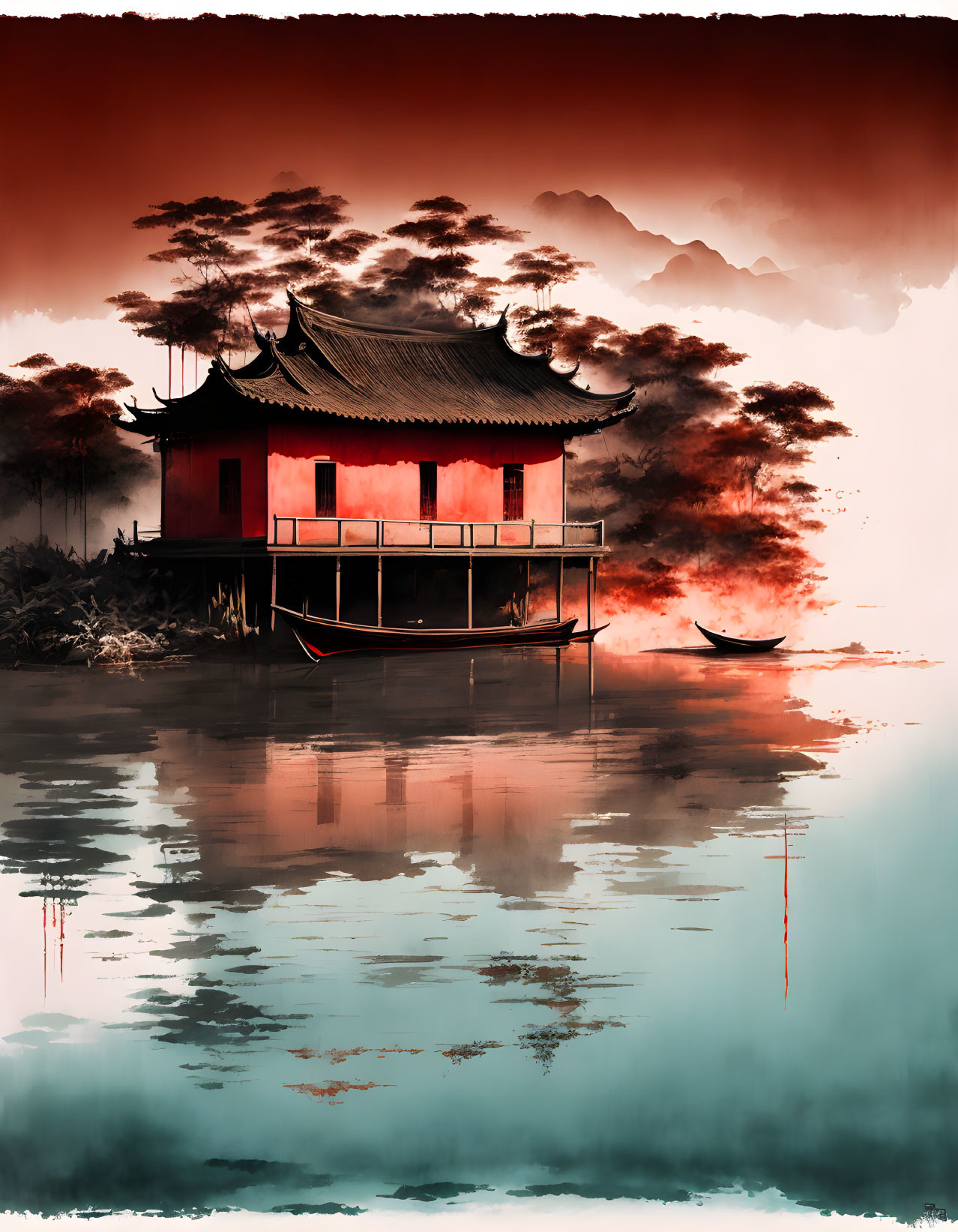 Asian Pagoda by Calm Lake with Boat, Mountains, and Red Sky