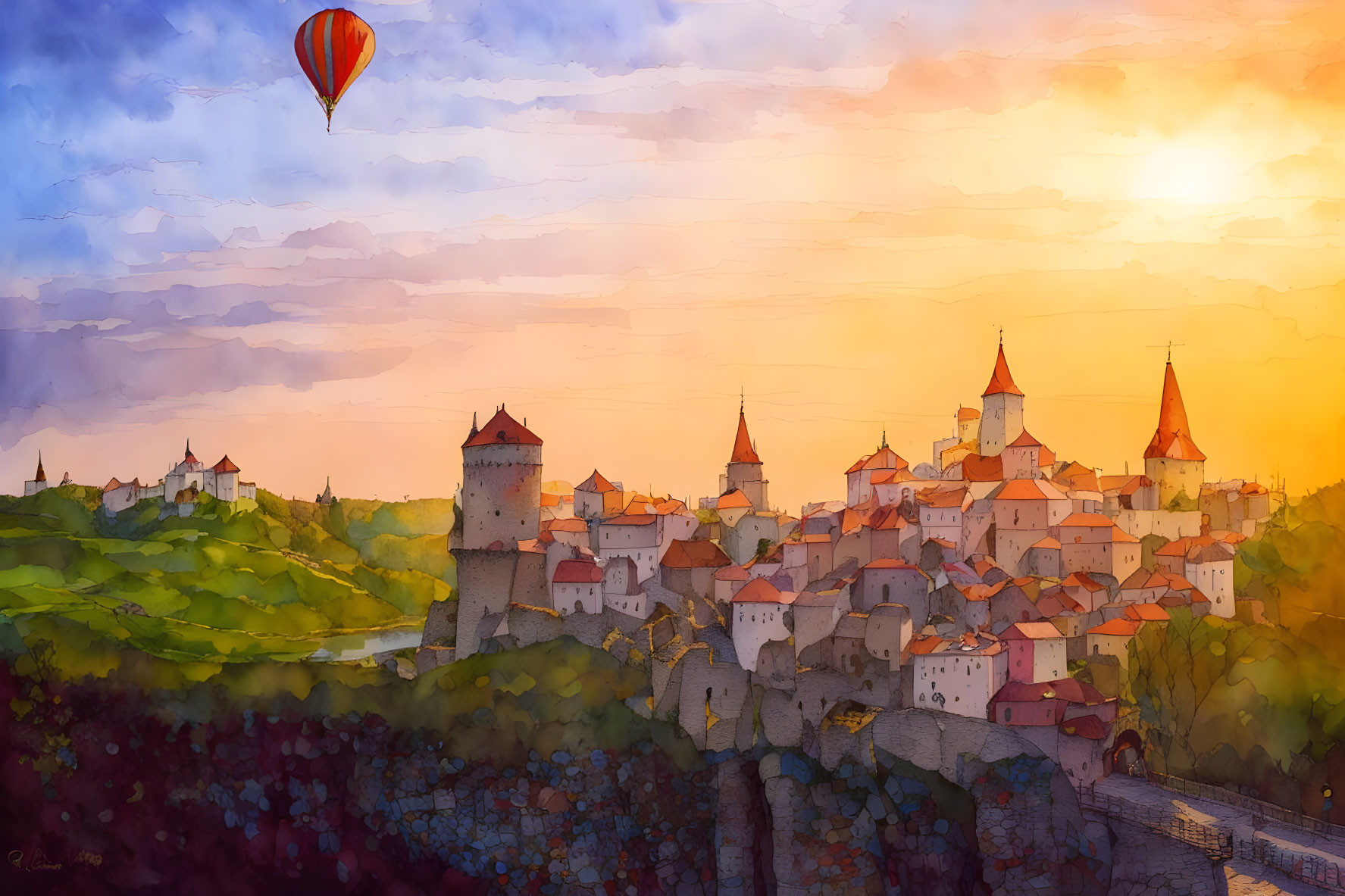 Sunset over medieval town with stone walls, towers, and hot air balloon