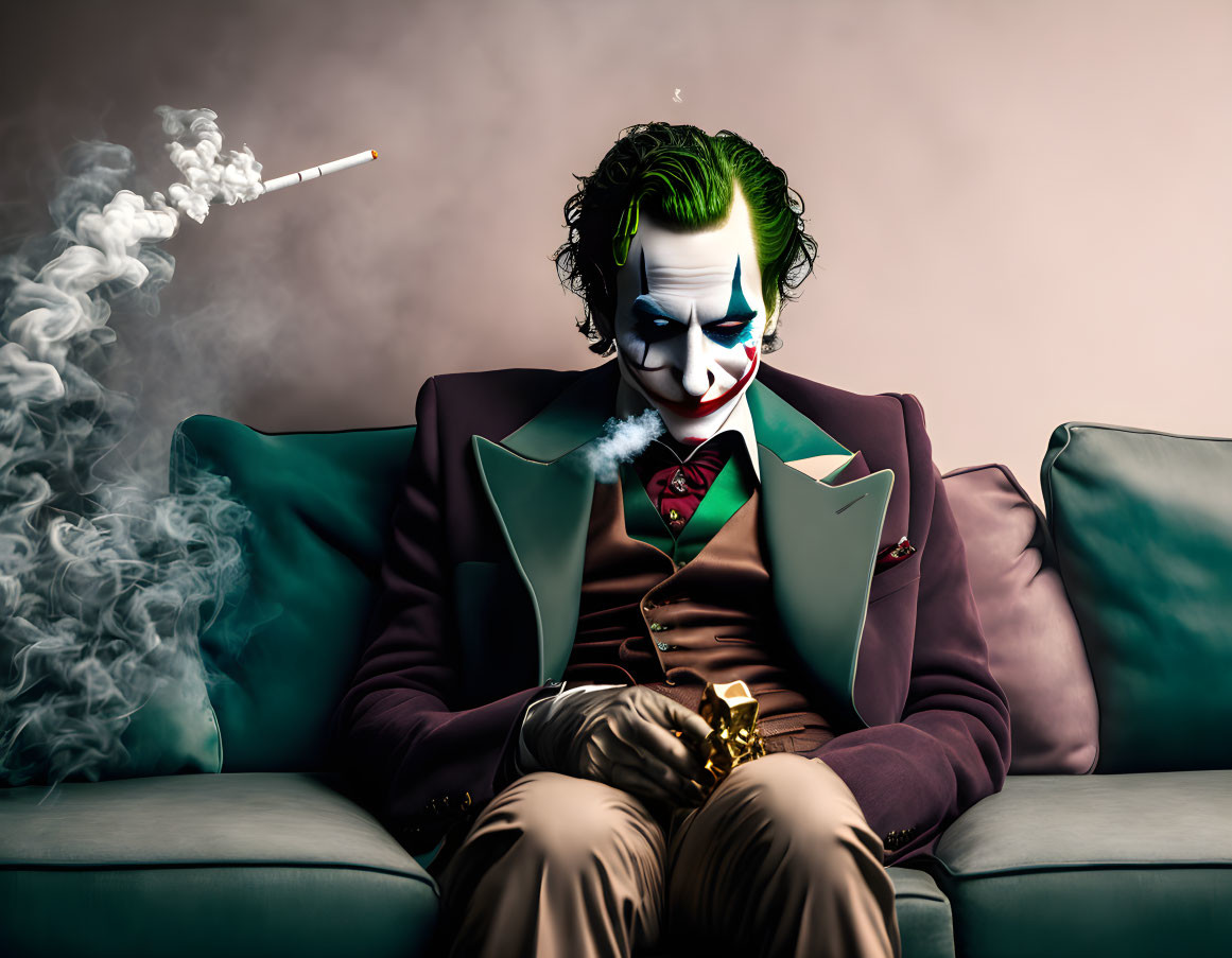 Pensive Joker with Cards and Cigarette on Sofa