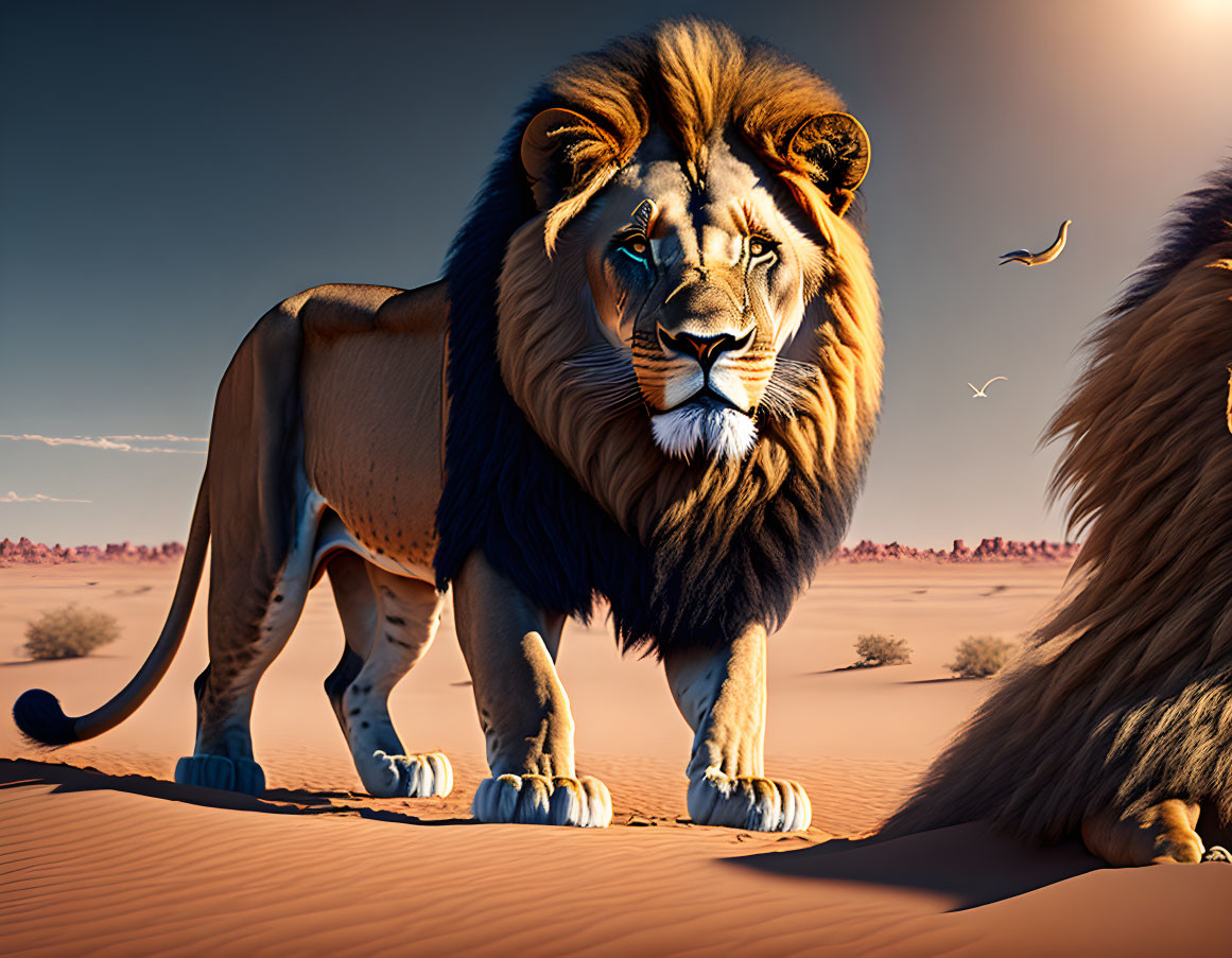 Majestic lion with lush mane in desert landscape with birds under clear sky