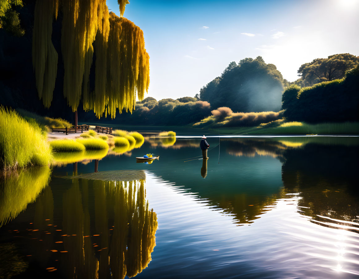 Tranquil lake scene with paddleboarder and kayaker among lush trees