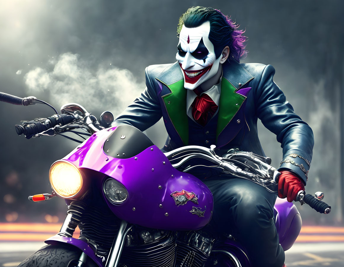 Joker character on purple motorcycle with dramatic smoke