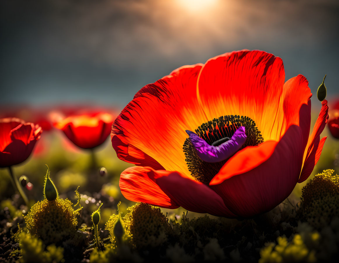 Bright Red Poppy Flower in Sharp Focus Against Blurred Field