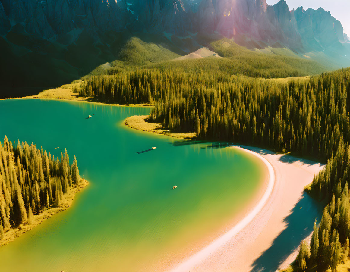 Tranquil Mountain Lake Scene with Sandy Shore and Forest Surroundings