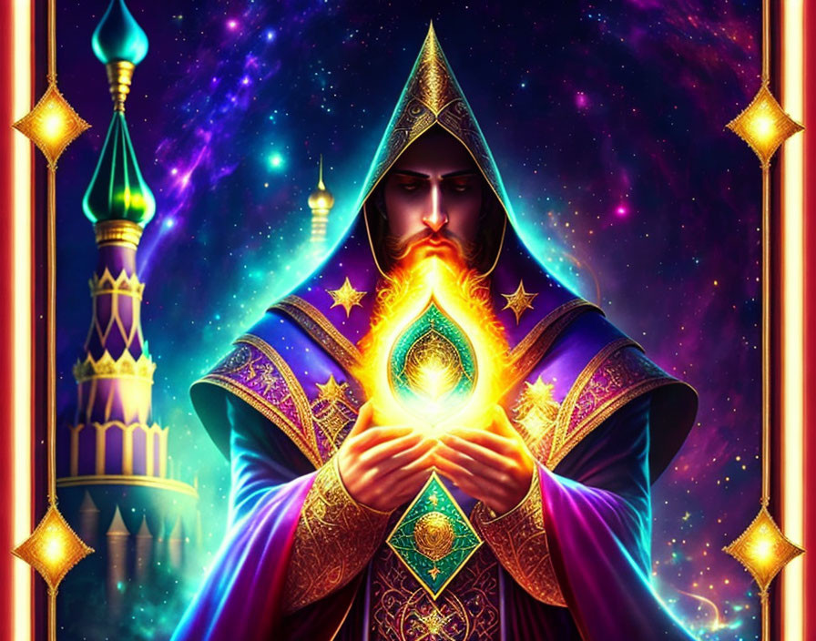 Mystical figure in ornate wizard-like robes with glowing orb and mosque backdrop
