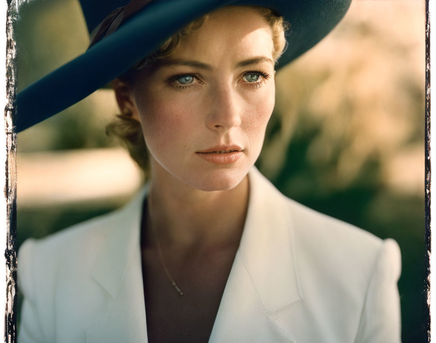 Elegant woman in white jacket and hat under soft natural light