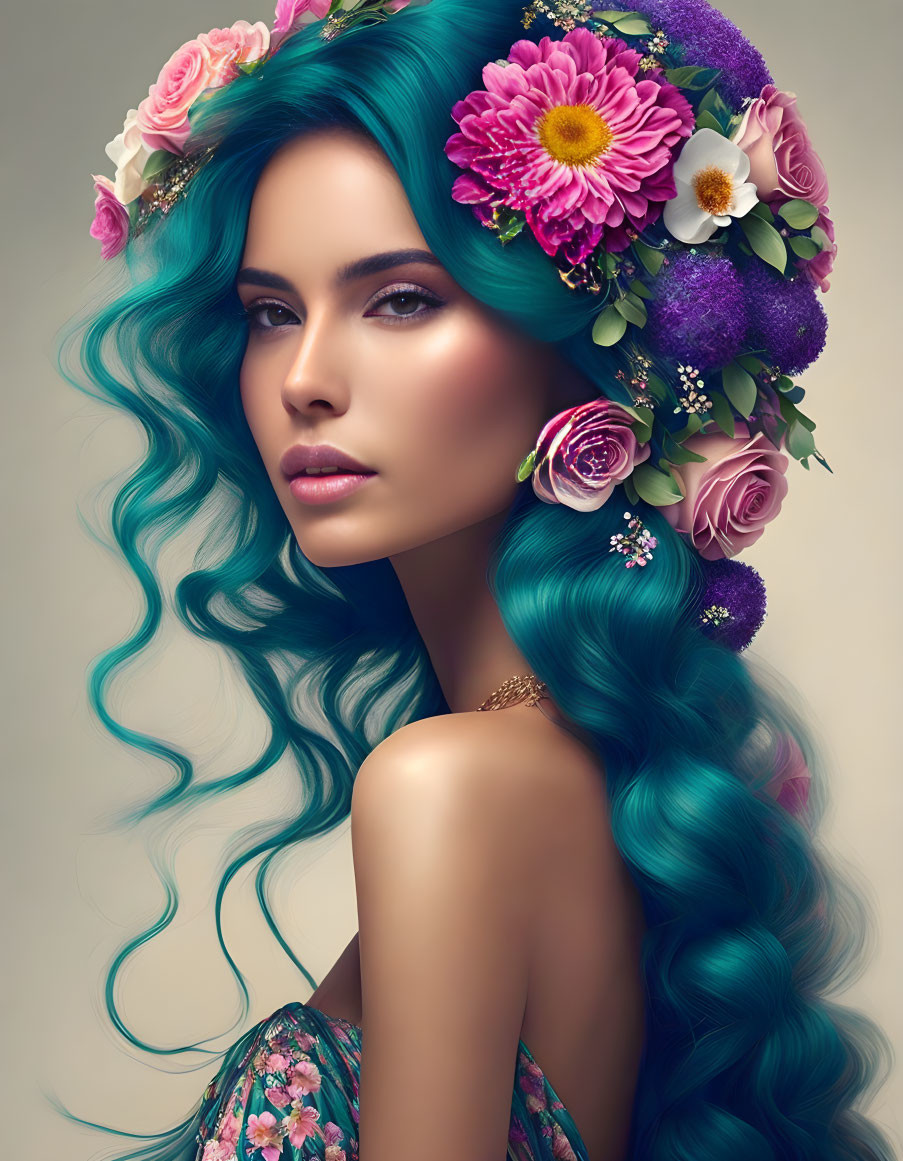 Vibrant teal wavy hair with floral crown in pink and purple