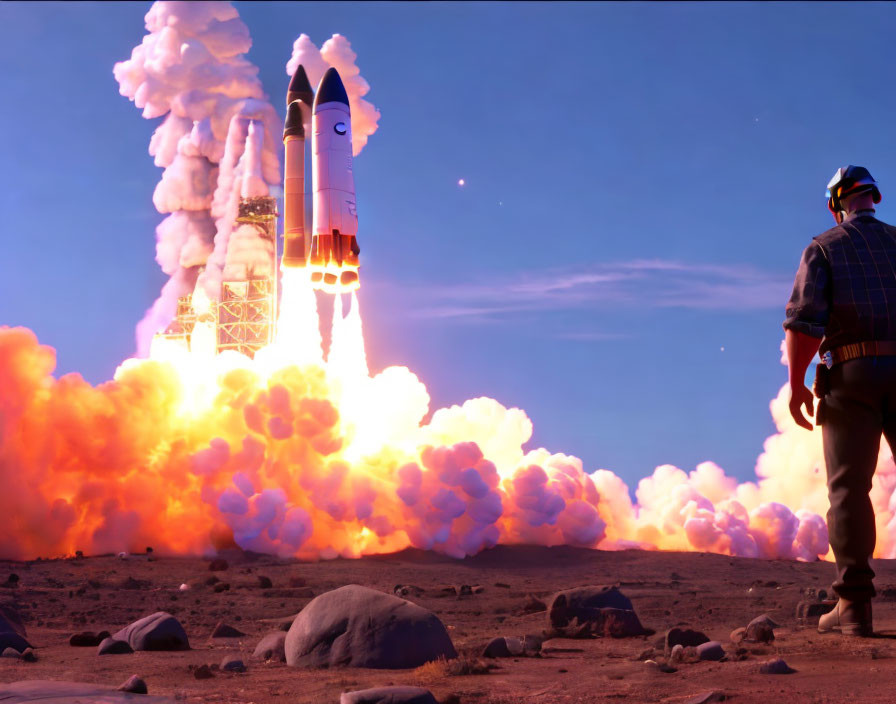 Rocket launch with billowing smoke and orange flames in dusk sky