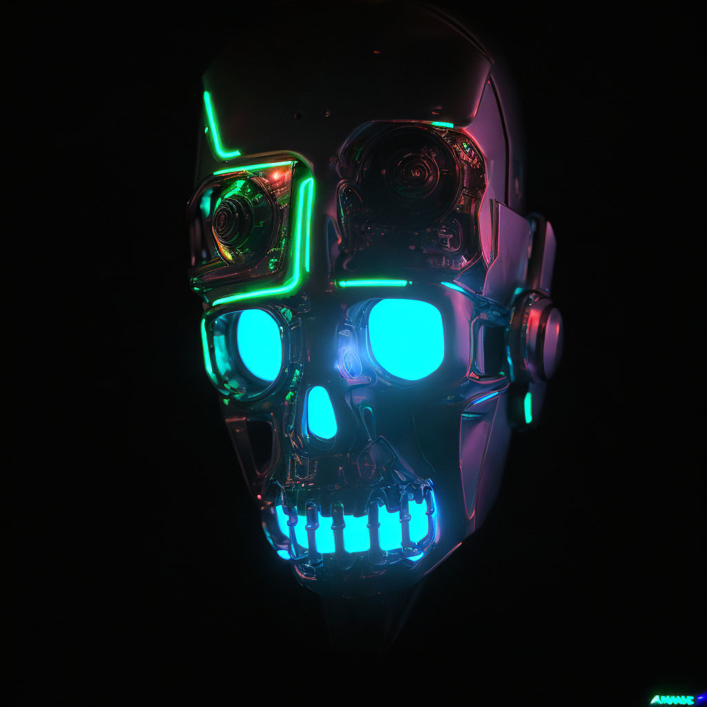 Metallic skull with neon green and blue lights on dark background