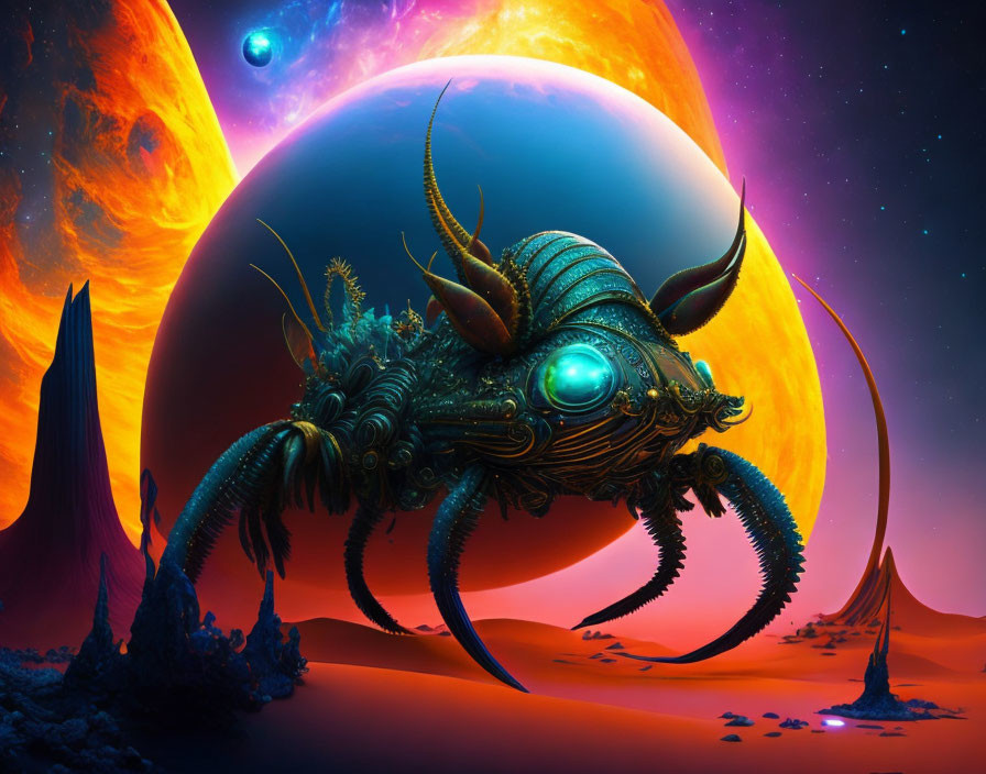 Elaborate beetle-like creature on vibrant alien landscape