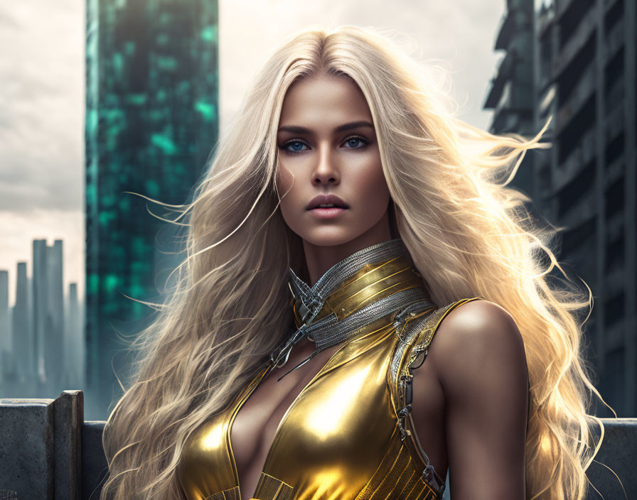 Blonde Woman in Futuristic Golden Armor City Skyline Background