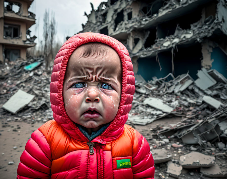 Distressed toddler in red jacket amid demolished buildings