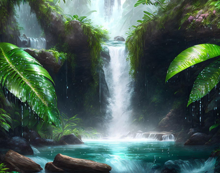 Tranquil tropical waterfall with lush greenery and blue pond