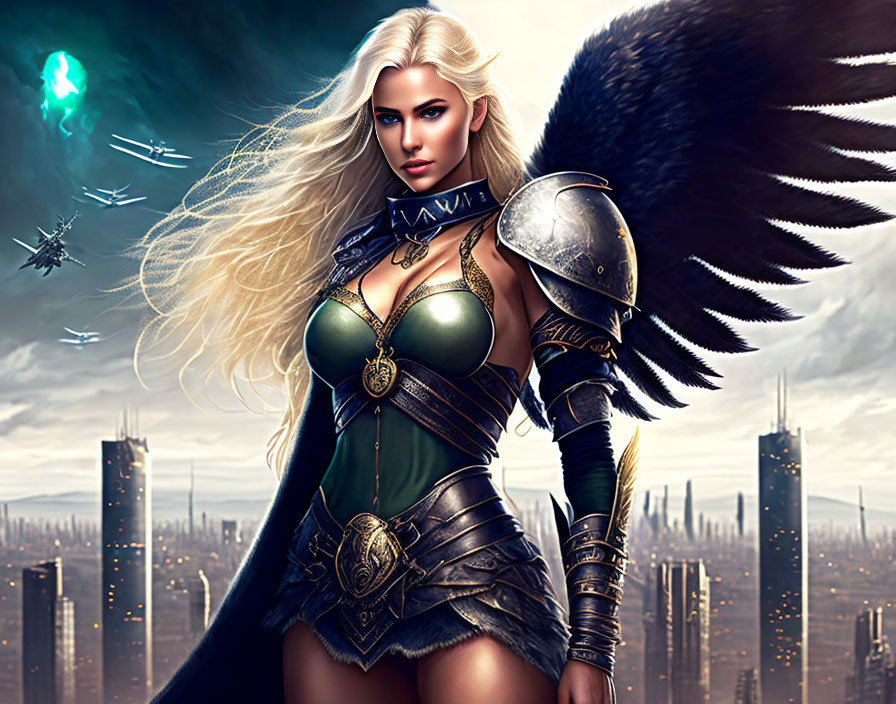 Blonde warrior woman with angelic wings in futuristic cityscape