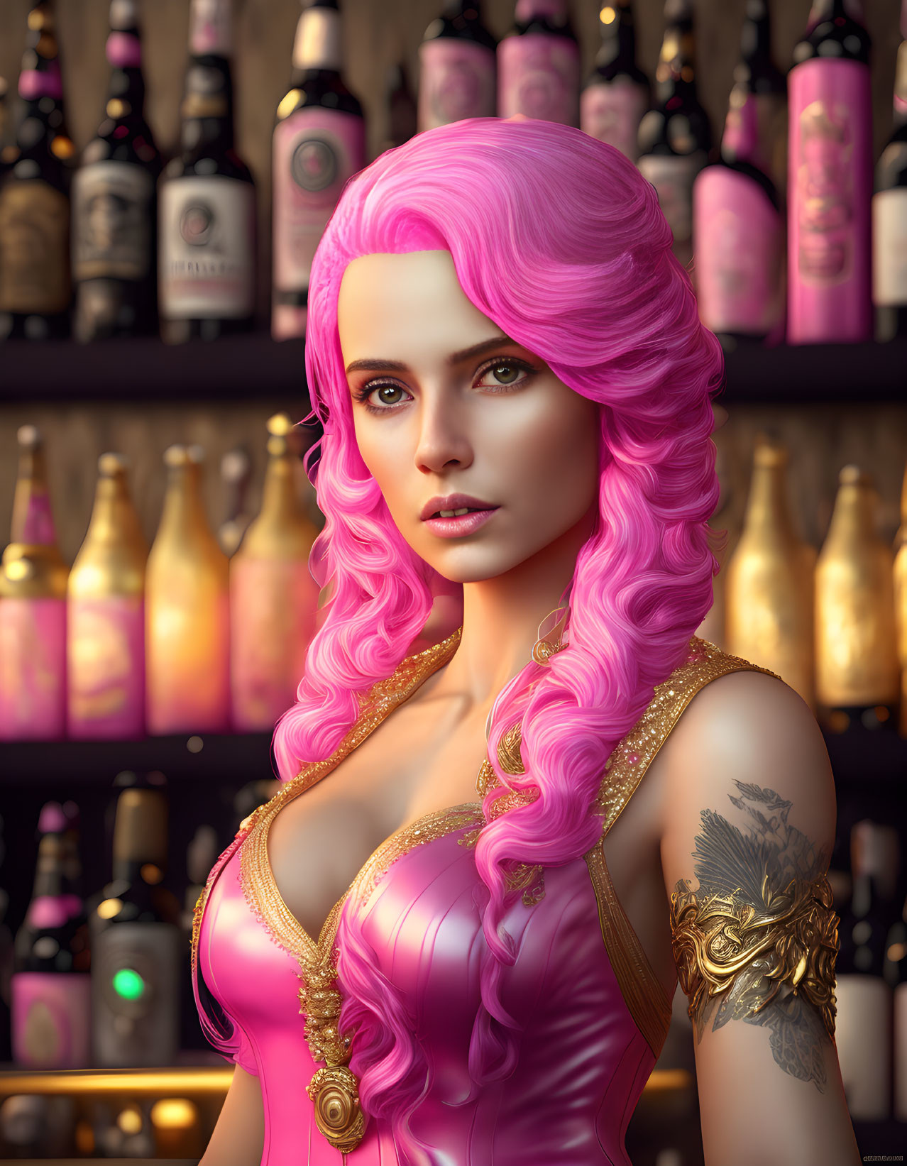 Pink-haired woman with golden tattoos in pink dress at bar with bottles