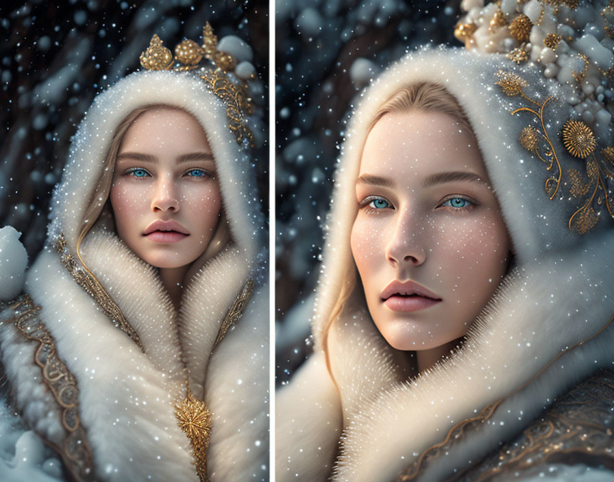 Woman in white fur-trimmed cloak with golden embroidery under snowflakes