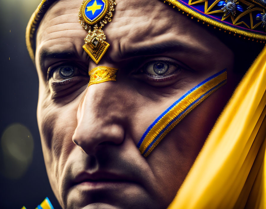 Intense-eyed person with yellow headscarf and blue-gold face paint