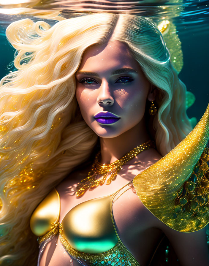 Golden-haired woman in water with sunbeam highlights and intense gaze