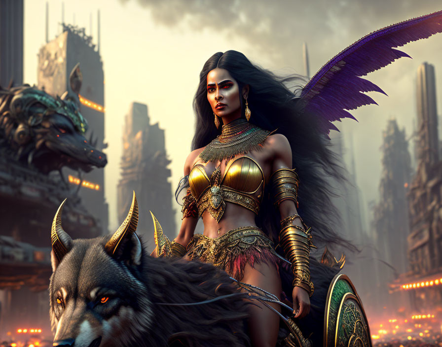 Dark-haired fantasy warrior woman in winged armor with giant wolf against dystopian city.