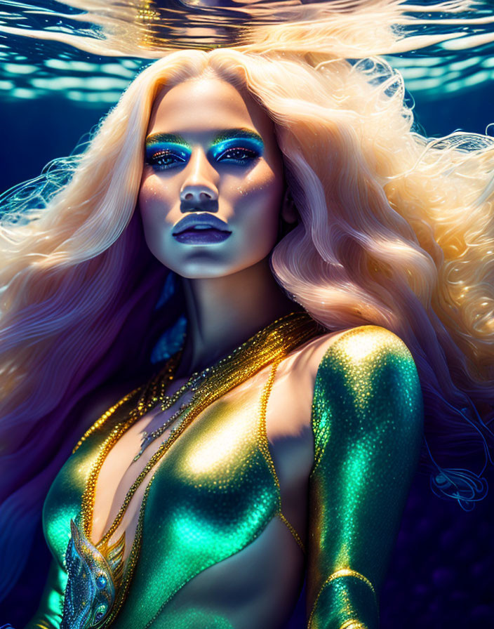 Blonde woman with blue makeup in green and gold attire underwater