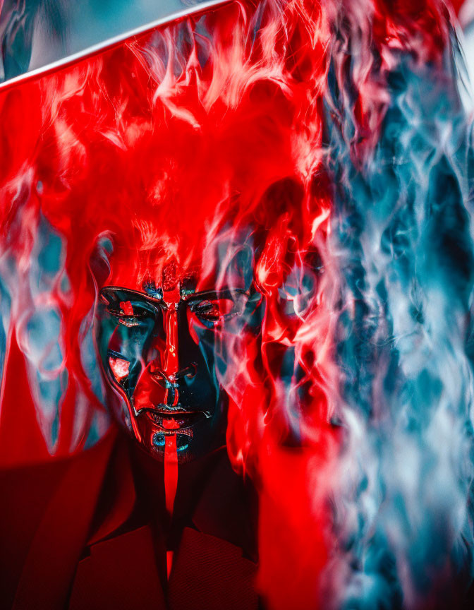 Red-painted face and sunglasses in swirling smoke