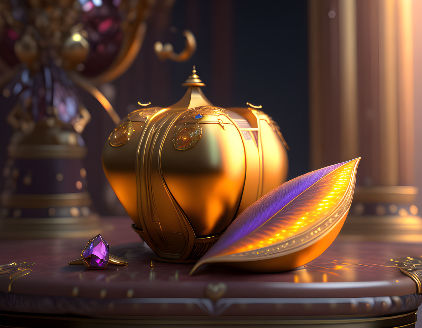 Golden heart-shaped container with jewels, purple gemstone, and quill pen in elegant room