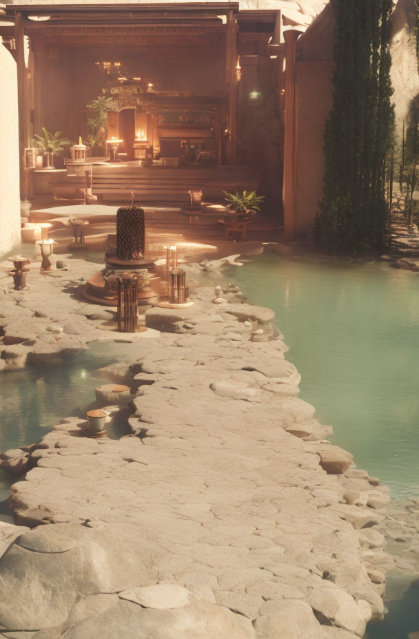 Tranquil outdoor bath with stone pathway and wooden structure