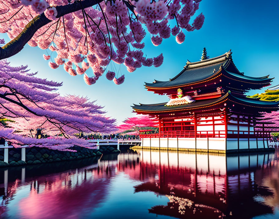 Traditional Red Japanese Pagoda by Calm Lake with Cherry Blossoms