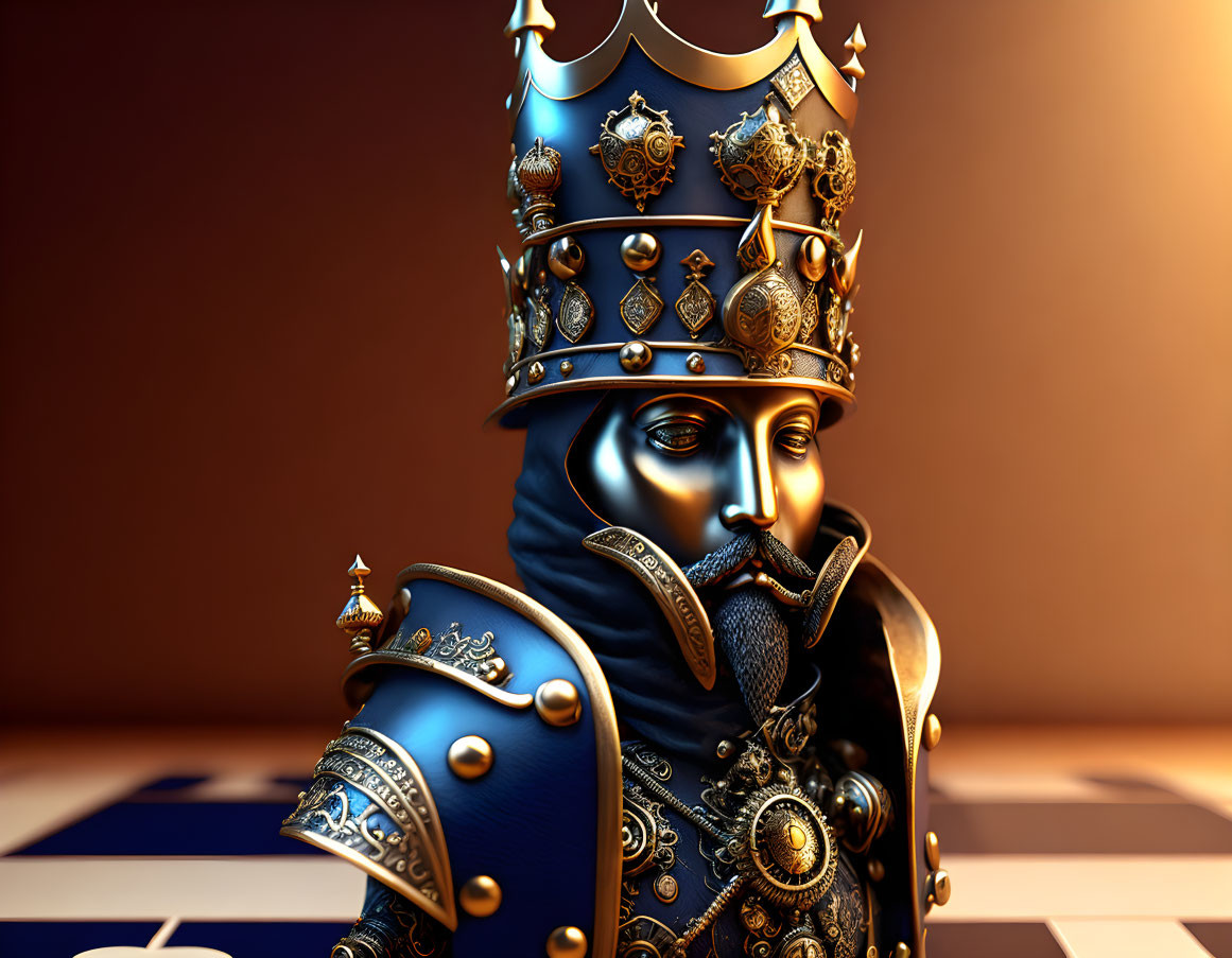 Detailed 3D King Chess Piece in Gold and Blue Armor on Blurred Chessboard