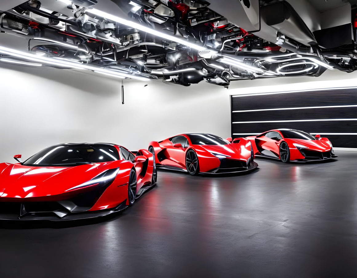 Modern Showroom with Red Sports Cars & Artistic Car Parts Display