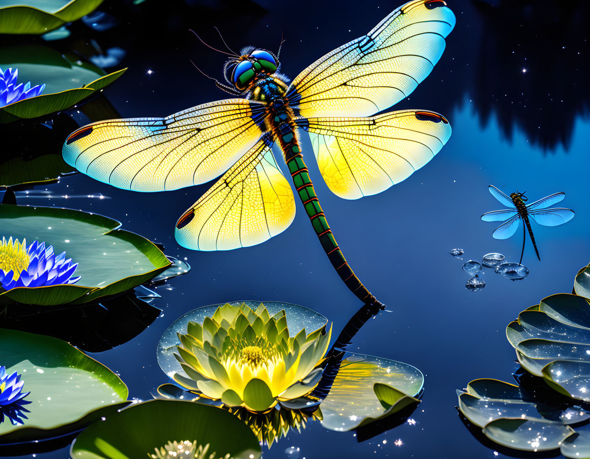 Digital Art: Dragonfly on Lily Pad with Night Sky Reflection