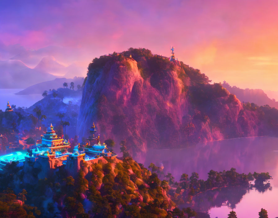 Colorful temples on steep cliffs in mystical landscape at sunset