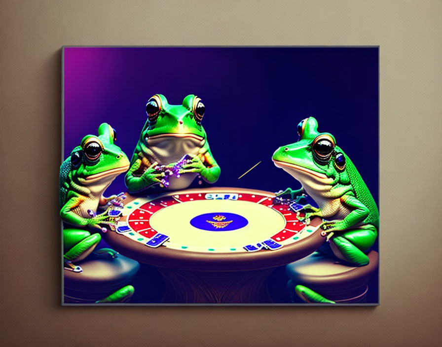 Anthropomorphic cartoon frogs at poker table with chips and cigarette