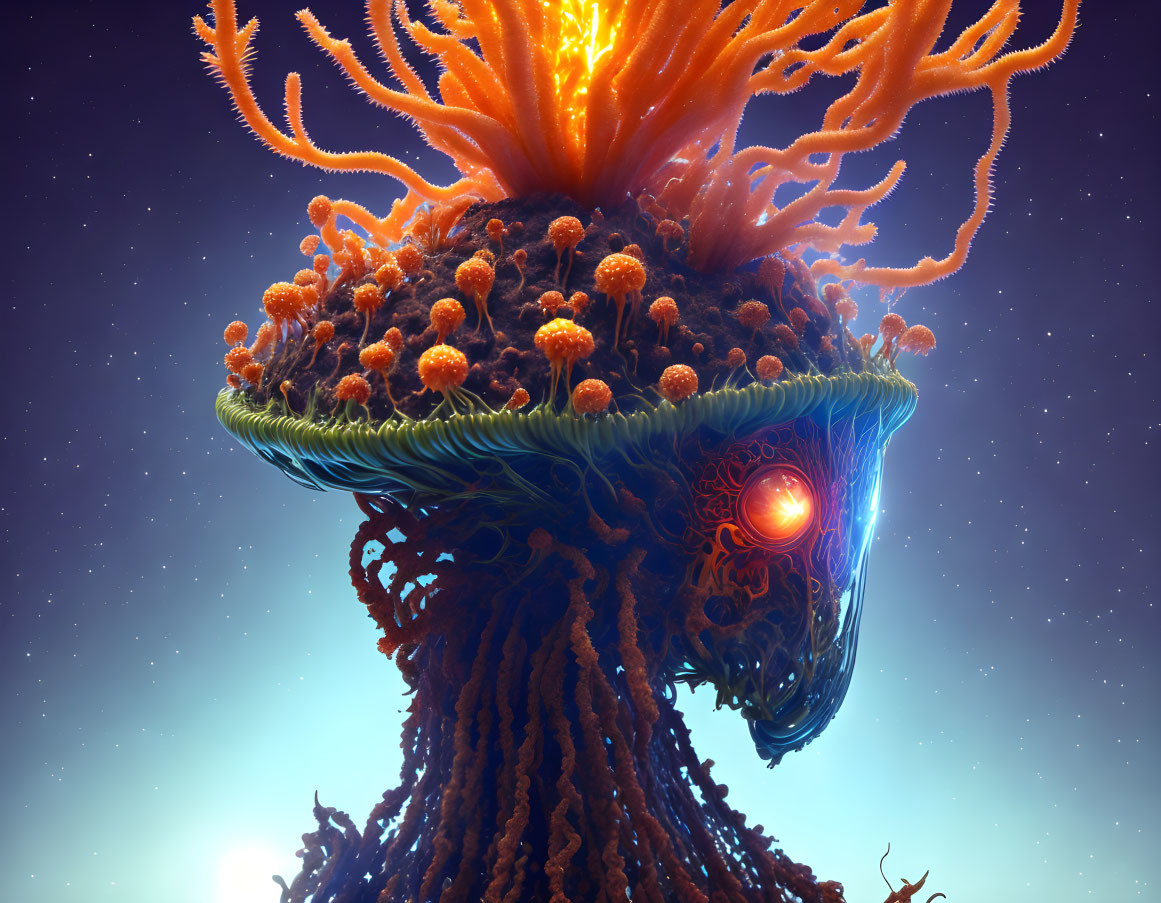 Colorful digital artwork: Alien creature with coral-like head structure and glowing tendrils.