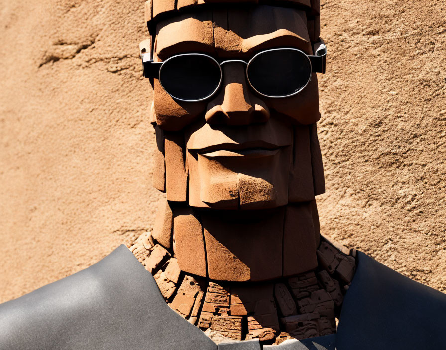 Brick humanoid face sculpture with sunglasses on sand-colored wall