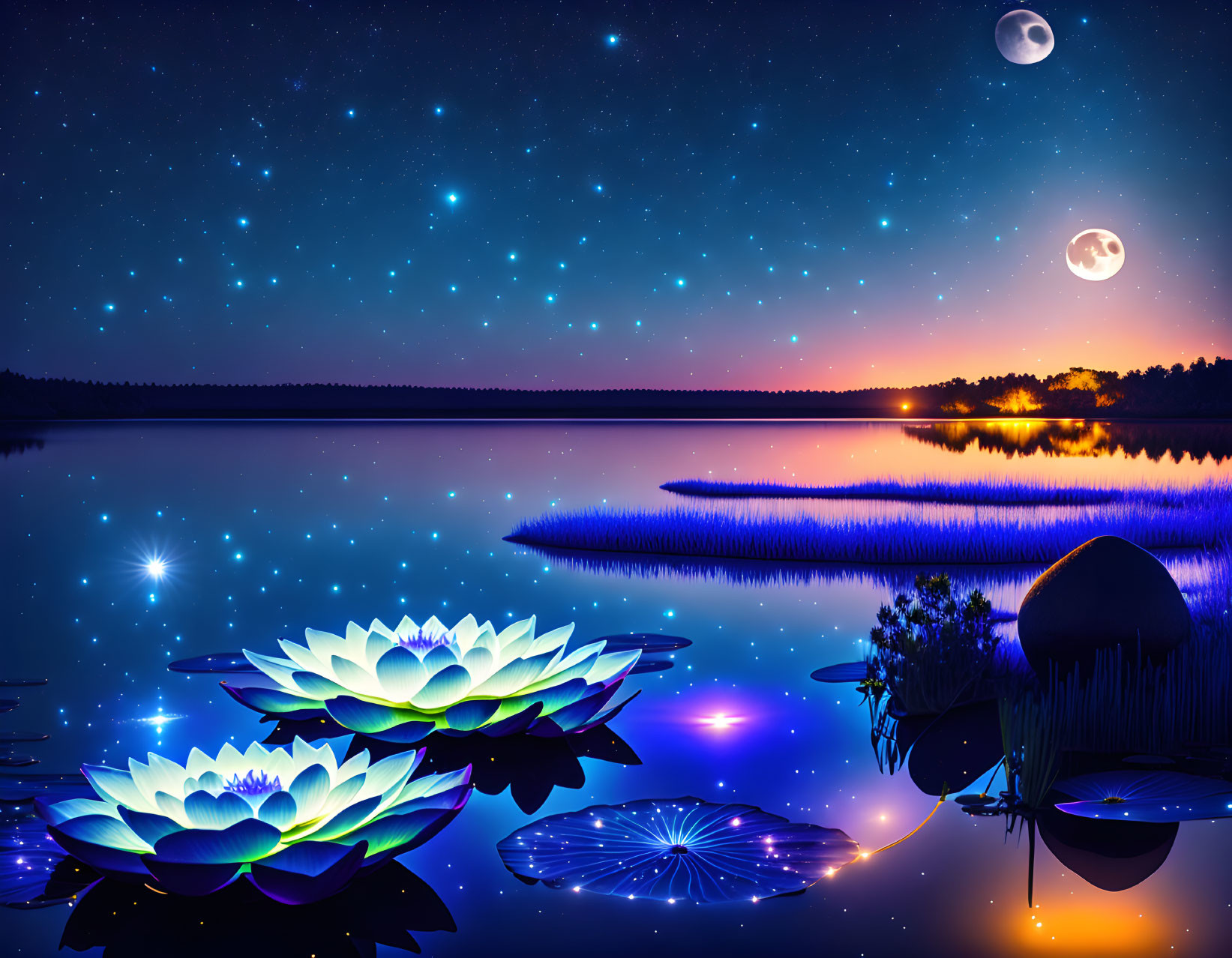 Tranquil night scene with lotus flowers on calm lake under starry sky