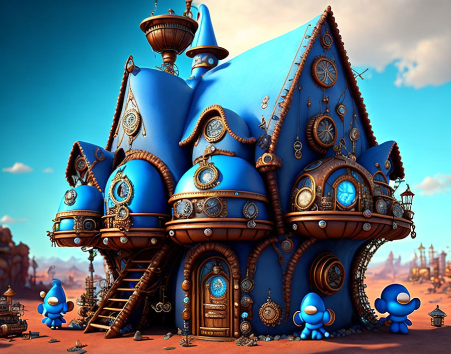 Blue Cartoon House and Characters in Desert Setting